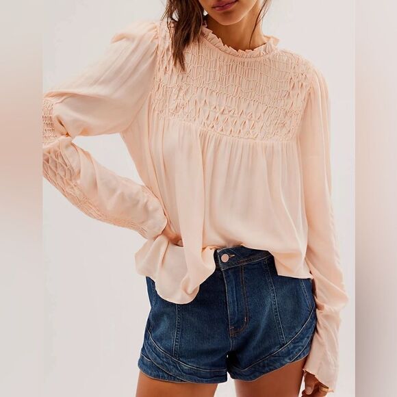 NWOT Free People Smocked In Time Top Ruffled High Neck Long Sleeves XS Feminine - Picture 1 of 16